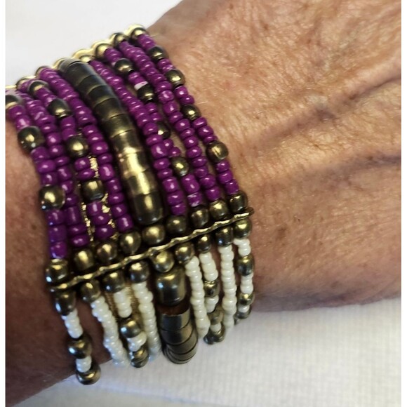 Jewelry - Purple, Pink, Cream, and Gold Beaded Stetch Bracelet